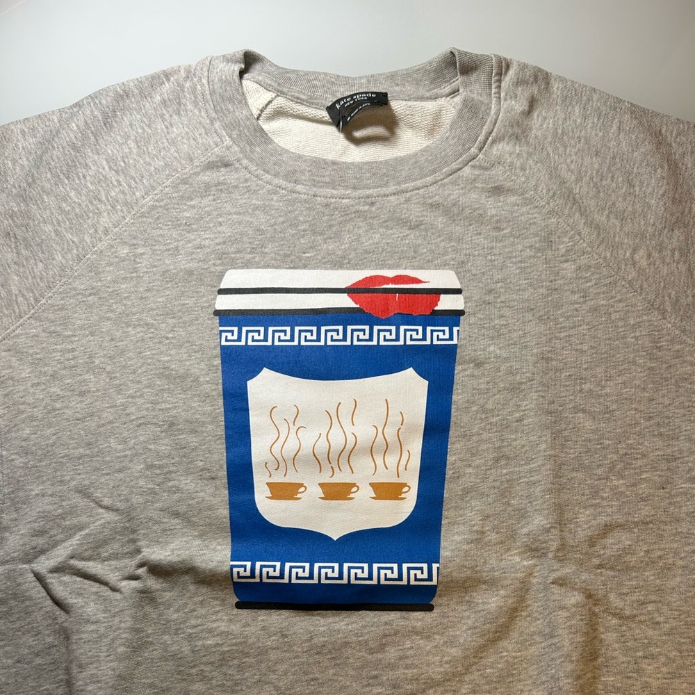 kate spade Gray Crewneck Sweatshirt with Blue Coffee Cup Graphic and Red Lip